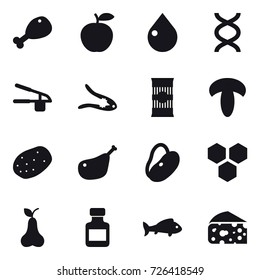 16 vector icon set : chicken leg, drop, garlic clasp, walnut crack, honeycombs, pear, pills bottle, fish, cheese