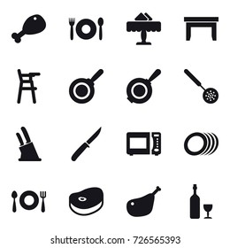 16 vector icon set : chicken leg, cafe, restaurant, table, Chair for babies, pan, skimmer, knife holder, knife, wine