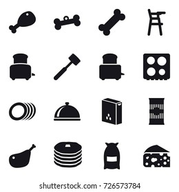 16 vector icon set : chicken leg, bone, Chair for babies, toaster, meat hammer, flour, cheese