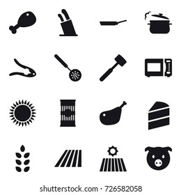 16 vector icon set : chicken leg, stands for knives, pan, steam pan, walnut crack, skimmer, meat hammer, spikelets, field, pig