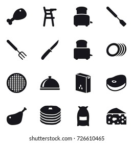 16 vector icon set : chicken leg, Chair for babies, toaster, spatula, big fork, knife, flour, cheese