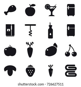 16 vector icon set : chicken leg, cocktail, fridge, corkscrew, cherry, mushroom, strawberry, carrot, stack of towels