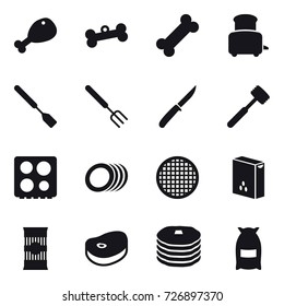 16 vector icon set : chicken leg, bone, toaster, spatula, big fork, knife, meat hammer, flour