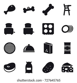 16 vector icon set : chicken leg, bone, Chair for babies, toaster, flour, potato, cheese