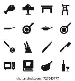 16 vector icon set : chicken leg, restaurant, table, Chair for babies, pan, skimmer, knife holder, knife, chef knife, wine