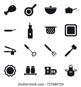 16 vector icon set : chicken leg, pan, cauldron, saute pan, colander, cutting board, garlic clasp, whisk, big fork, meat hammer, apron