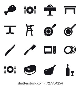 16 vector icon set : chicken leg, cafe, restaurant, table, Chair for babies, pan, knife, chef knife, wine
