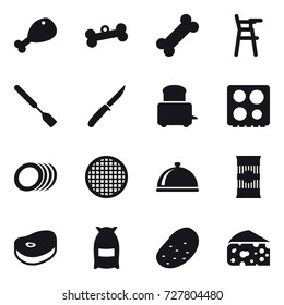 16 vector icon set : chicken leg, bone, Chair for babies, spatula, knife, flour, potato, cheese