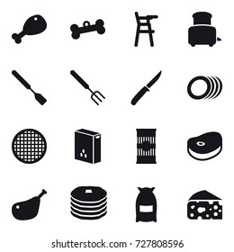 16 vector icon set : chicken leg, bone, Chair for babies, toaster, spatula, big fork, knife, flour, cheese