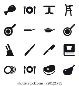 16 vector icon set : chicken leg, cafe, table, Chair for babies, pan, knife holder, knife, chef knife