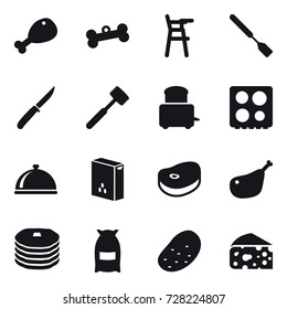 16 vector icon set : chicken leg, bone, Chair for babies, spatula, knife, meat hammer, flour, potato, cheese