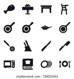 16 vector icon set : chicken leg, restaurant, table, Chair for babies, pan, skimmer, knife holder, knife, chef knife