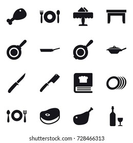 16 vector icon set : chicken leg, cafe, restaurant, table, pan, knife, chef knife, wine