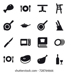 16 vector icon set : chicken leg, cafe, table, Chair for babies, pan, knife holder, knife, wine