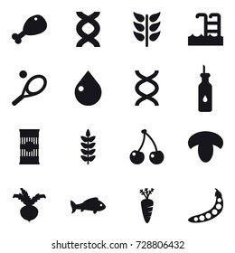 16 vector icon set : chicken leg, pool, tennis, drop, cherry, mushroom, beet, fish, carrot, peas