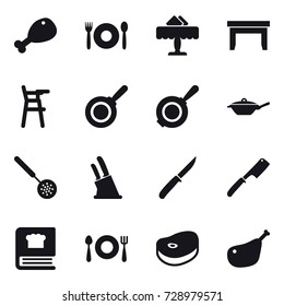 16 vector icon set : chicken leg, cafe, restaurant, table, Chair for babies, pan, skimmer, knife holder, knife, chef knife
