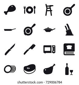 16 vector icon set : chicken leg, cafe, Chair for babies, pan, knife holder, knife, chef knife, wine