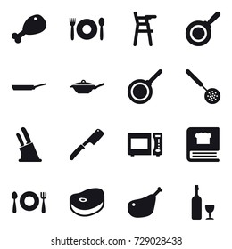 16 vector icon set : chicken leg, cafe, Chair for babies, pan, skimmer, knife holder, chef knife, wine
