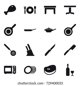 16 vector icon set : chicken leg, cafe, table, pan, skimmer, knife holder, knife, chef knife, wine