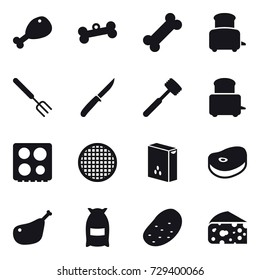 16 vector icon set : chicken leg, bone, toaster, big fork, knife, meat hammer, flour, potato, cheese