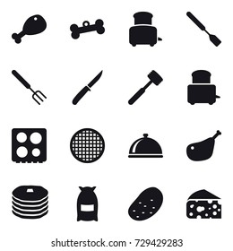 16 vector icon set : chicken leg, bone, toaster, spatula, big fork, knife, meat hammer, flour, potato, cheese