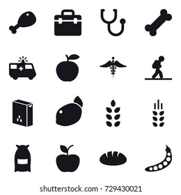 16 vector icon set : chicken leg, tourist, spikelets, flour, apple, bread, peas