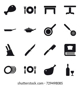 16 vector icon set : chicken leg, cafe, table, pan, skimmer, knife holder, knife, chef knife, wine