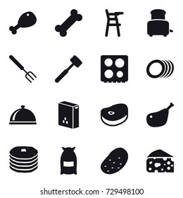 16 vector icon set : chicken leg, Chair for babies, toaster, big fork, meat hammer, flour, potato, cheese