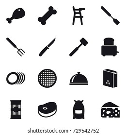 16 vector icon set : chicken leg, Chair for babies, spatula, big fork, knife, meat hammer, flour, cheese