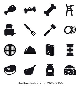 16 vector icon set : chicken leg, bone, Chair for babies, toaster, big fork, meat hammer, flour, cheese