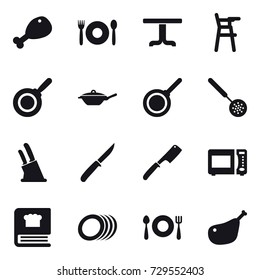16 vector icon set : chicken leg, cafe, table, Chair for babies, pan, skimmer, knife holder, knife, chef knife