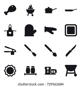 16 vector icon set : chicken leg, bbq, saute pan, pan, apron, cook glove, cutting board, garlic clasp, spatula, big spoon, knife