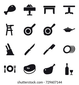16 vector icon set : chicken leg, restaurant, table, Chair for babies, pan, knife holder, knife, chef knife, wine