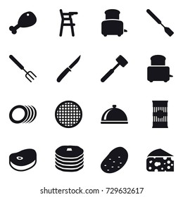 16 vector icon set : chicken leg, Chair for babies, toaster, spatula, big fork, knife, meat hammer, potato, cheese
