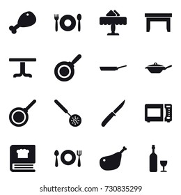 16 vector icon set : chicken leg, cafe, restaurant, table, pan, skimmer, knife, wine