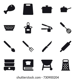 16 vector icon set : chicken leg, cutting board, pan, saute pan, kolander, apron, garlic clasp, whisk, big spoon, big fork, knife, rolling pin