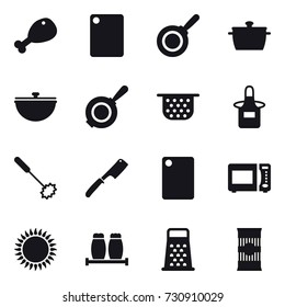 16 vector icon set : chicken leg, cutting board, pan, cauldron, colander, apron, whisk, chef knife