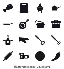 16 vector icon set : chicken leg, cutting board, bbq, saute pan, pan, steam pan, chef  hat, apron, cook glove, whisk, big fork, rolling pin, hot pepper