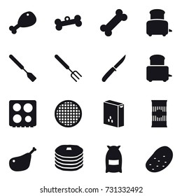 16 vector icon set : chicken leg, bone, toaster, spatula, big fork, knife, flour, potato