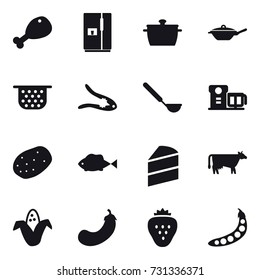 16 vector icon set : chicken leg, fridge, pan, colander, walnut crack, ladle, cow, corn, eggplant, strawberry, peas
