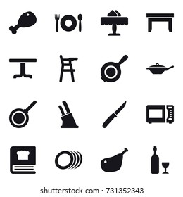 16 vector icon set : chicken leg, cafe, restaurant, table, Chair for babies, pan, knife holder, knife, wine