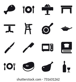 16 vector icon set : chicken leg, cafe, restaurant, table, Chair for babies, pan, knife, chef knife, wine