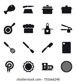 16 vector icon set : chicken leg, cutting board, pan, chef  hat, apron, garlic clasp, whisk, spatula, chef knife