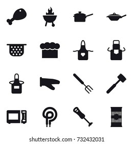 16 vector icon set : chicken leg, bbq, saute pan, pan, colander, chef  hat, apron, cook glove, big fork, meat hammer