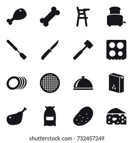 16 vector icon set : chicken leg, Chair for babies, toaster, spatula, knife, meat hammer, flour, potato, cheese