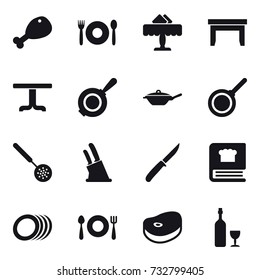 16 vector icon set : chicken leg, cafe, restaurant, table, pan, skimmer, knife holder, knife, wine