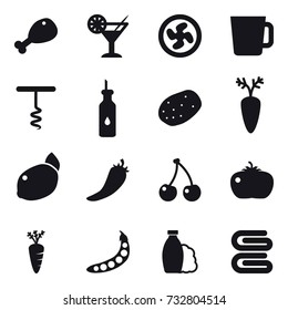 16 vector icon set : chicken leg, cocktail, cooler fan, cup, corkscrew, hot pepper, cherry, tomato, carrot, peas, shampoo, stack of towels