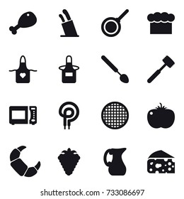 16 vector icon set : chicken leg, stands for knives, pan, chef  hat, apron, big spoon, meat hammer, berry, jug, cheese