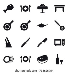 16 vector icon set : chicken leg, cafe, restaurant, table, pan, skimmer, knife holder, knife, chef knife, wine