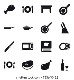 16 vector icon set : chicken leg, cafe, table, pan, knife holder, knife, wine